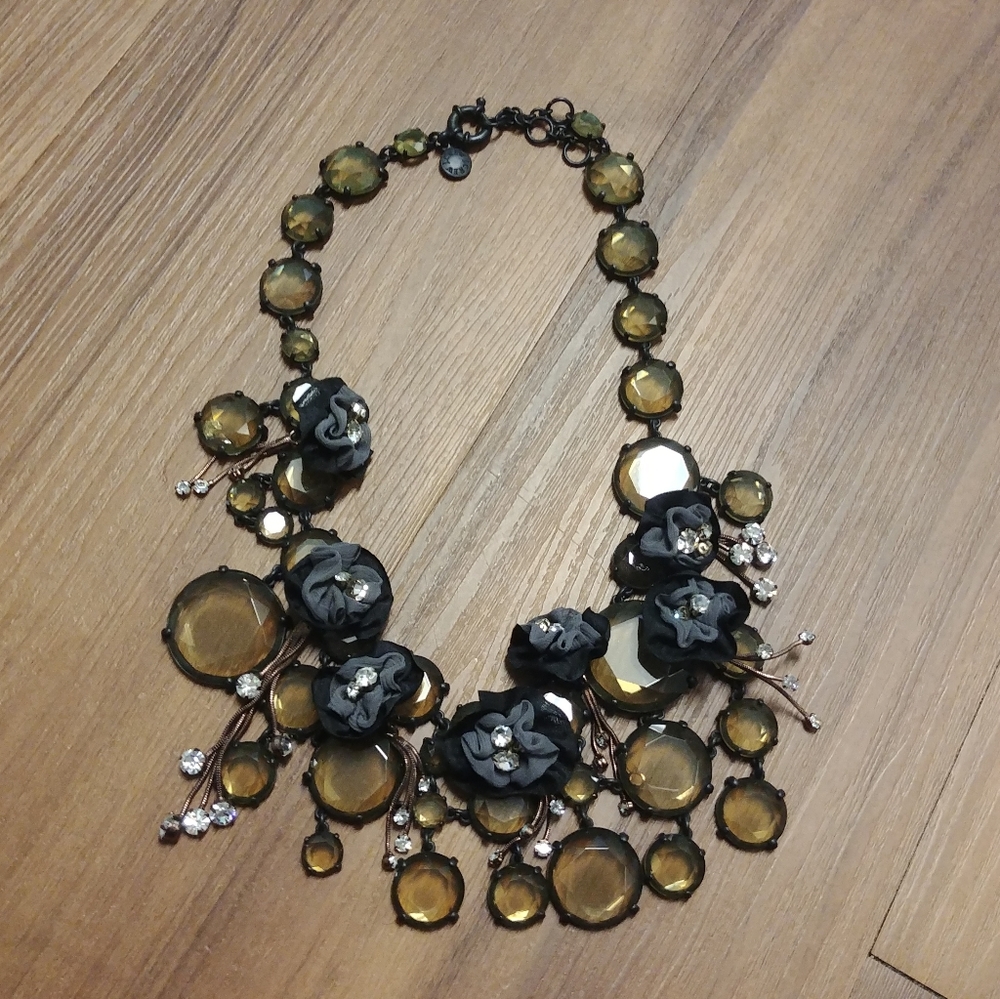 J.crew Floral Olive Green Black Metal Necklace Copper Chain Crystals flowers